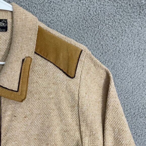 Vintage 60s Challenger Sweater Men S Tan Leather Trim Knit Full Zip - Picture 4 of 10